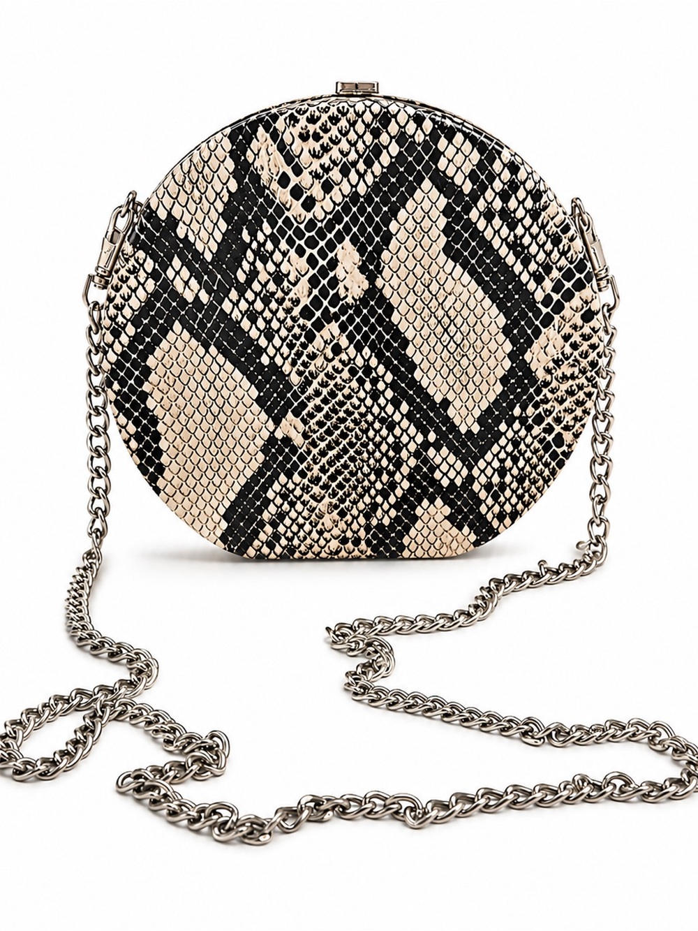 Snakeskin Round Crossbody Bag Circle Purse Silver Chain Faux Python Handbag Y2K